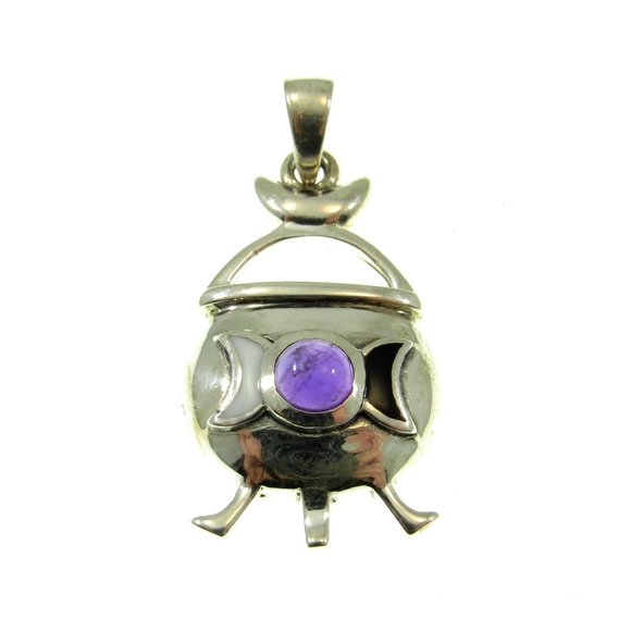 Solid 925 Sterling Silver Magickal Witch's Cauldron Pendant with Gemstone - Picture 1 of 8